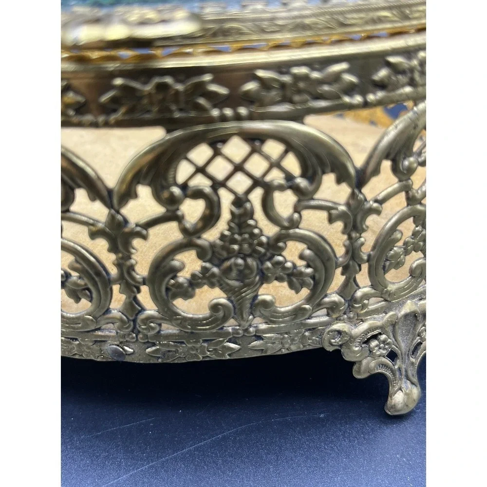 Vintage Ormolu Beveled Glass Filigree Oval Footed Trinket Box 6